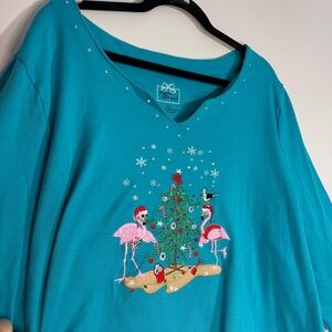 Allyson Whitmore Flamingo Christmas Top 3X Teal Holiday Embellished Beach Tree